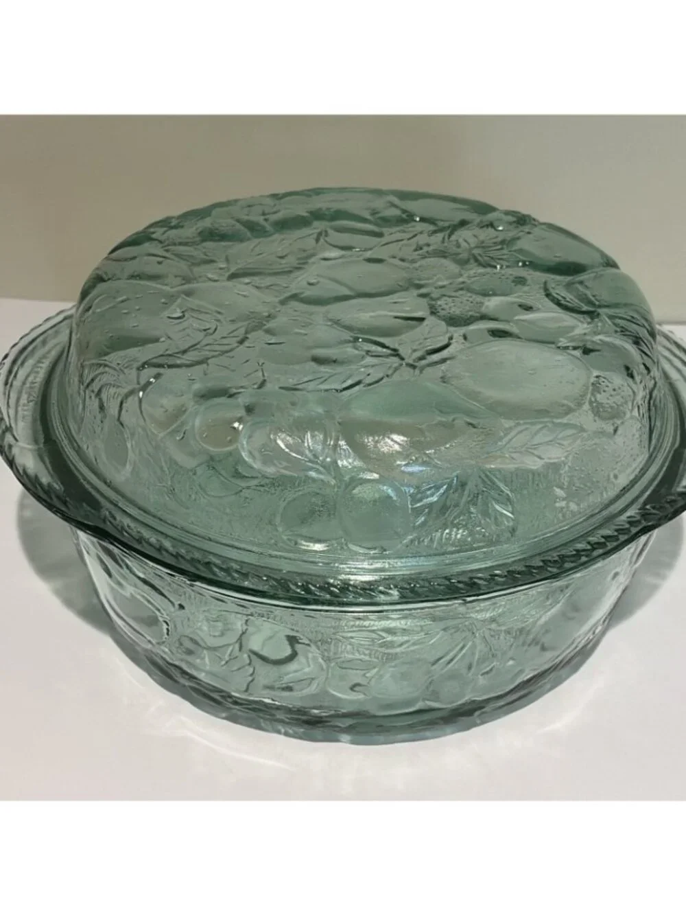 3 Qt Libbey Orchard Fruit Green Glass Casserole Baking Dish W/ Pie Plate Lid